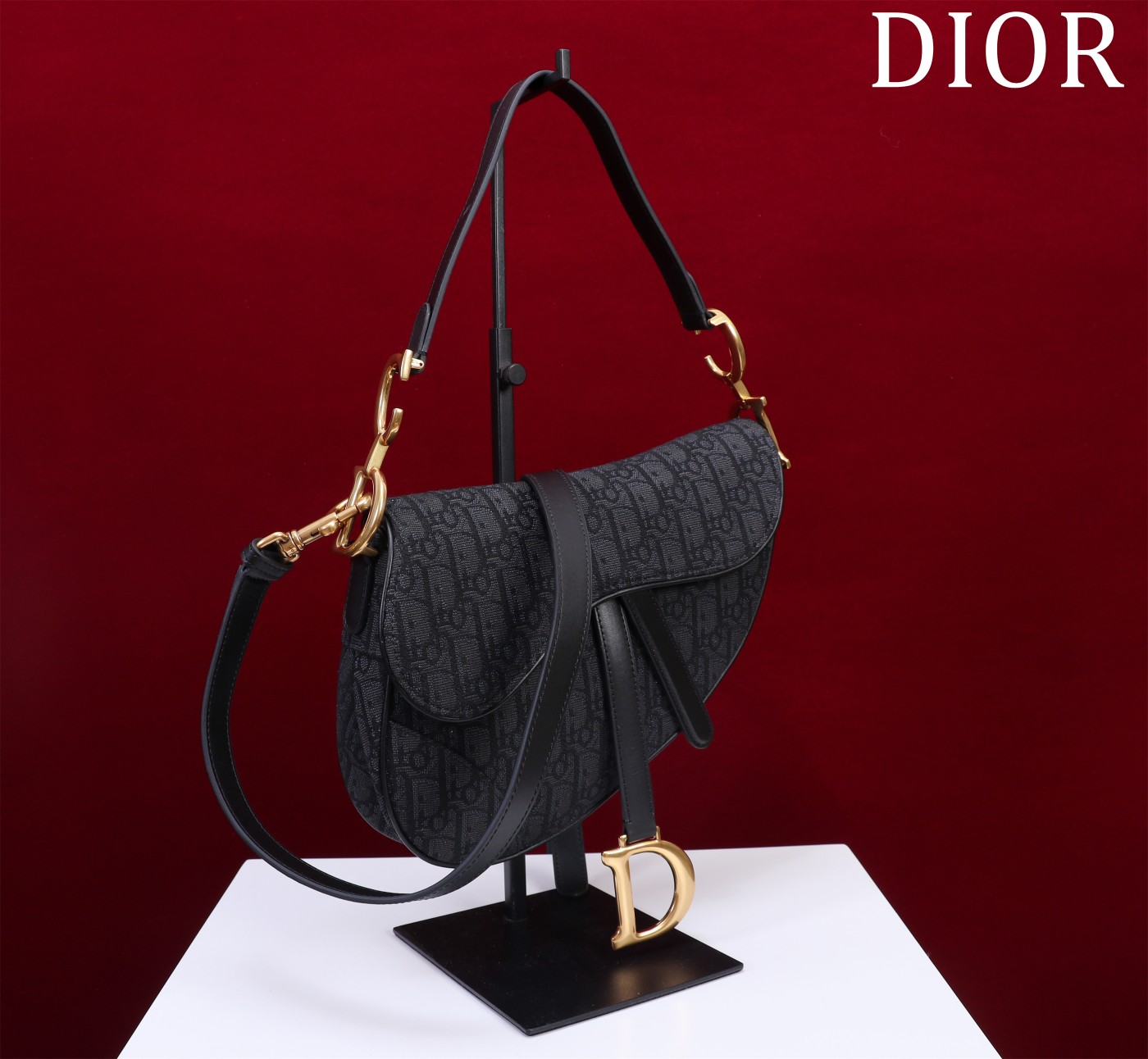 Saddle Bag with Strap Black Dior Oblique Jacquard 